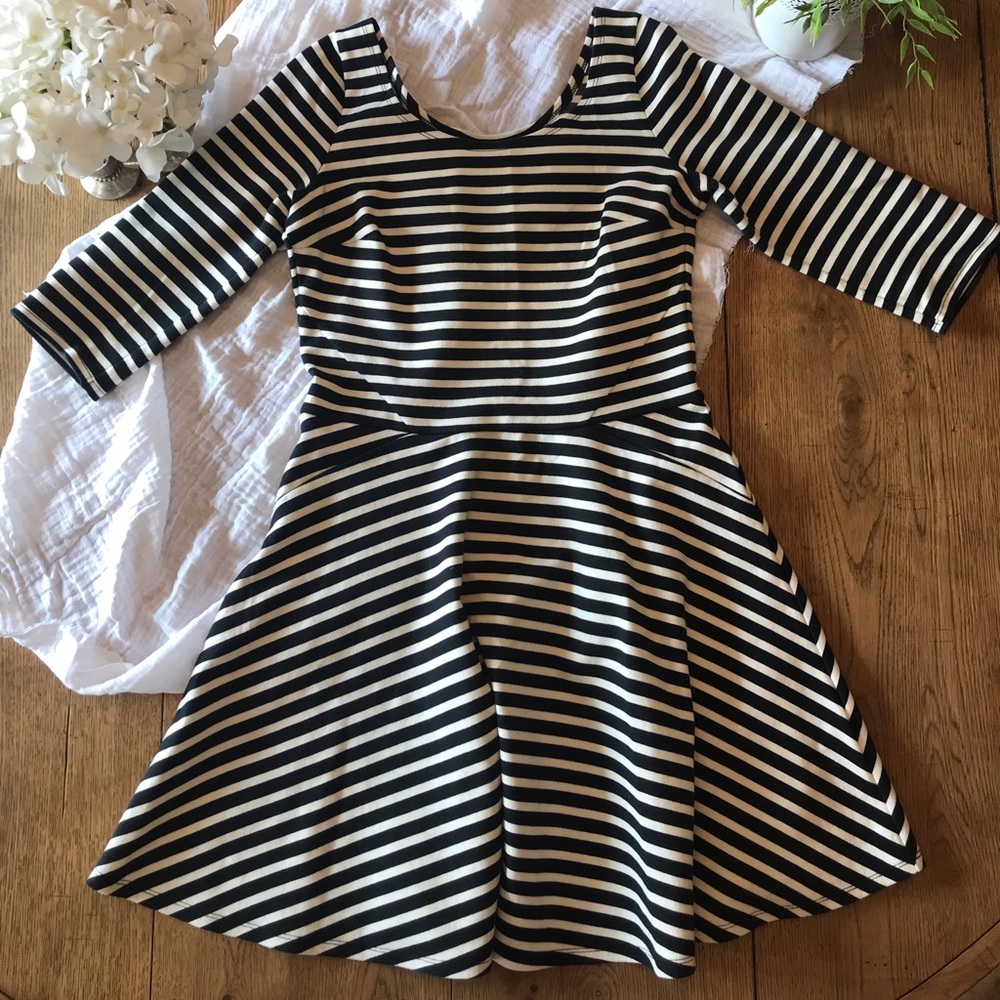 3/4 length sleeve striped a-line cotton dress